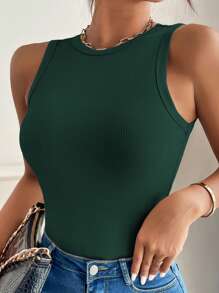 SHEIN VCAY Plus Size Solid Color Fitted Casual Sleeveless Tank Top, Summer Green - Dark Green - View 4