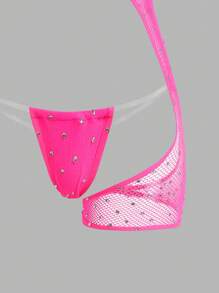 2pcs Sexy Glamour Asymmetrical Design Crystal Decor Sheer Bodysuits + G-String Women Lingerie Set, Rave For Going Out - Hot Pink - View 4