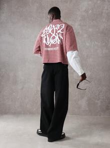 设计师格纹纽扣衬衫 Sumwon Society 街头服饰长袖分层外观高级时尚都市休闲现代酷炫 - 紅白色 - 查看 3