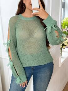 SHEIN Privé 加大码绿色文艺复兴博览会蝴蝶结透明针织套头衫，毕业典礼 - 綠色 - 查看 5