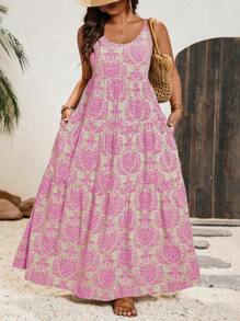 SHEIN VCAY 大码夏季无袖全身印花休闲连衣裙