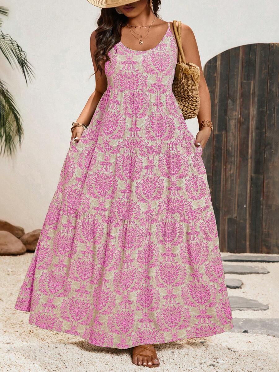 SHEIN VCAY 大码夏季无袖全身印花休闲连衣裙