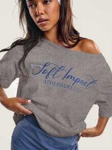 Athîral Women Letter Print Asymmetric Neck Short Sleeve Loose Casual T-Shirt