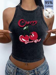 SHEIN EZwear Casual Cherry Fruit Pattern Round Neck Fitted Women Vintage Distressed Flock Cotton 95% Tank Top, Suitable For Summer - Black - View 2