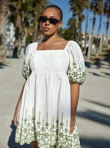 Maija Plus Size New White Babydoll Dress, Short Sleeve Puff Dress With Contrast Embroidery, Square Collar Princess Dress With Back Knot, Elastic, Cute Dress For Summer And Autumn Fall Women Clothes Autumn Clothes Back To School Clothes Homecoming Modest Vintage Clothes Women Old Money Teacher Outfits For Women Romantic, Fashion, Versatile;  Comfortable,  Stylish, Elegant, Casual, , Simple Daily Wear, Essential, Solid Color, Holiday Casual, Decent, Single Lady,  Elegant Fashion Business Casual Woman Going Out Tops Graduation Outfit  Steacher Outfits For Women - Multicolor - View 7