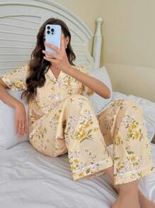 CottageSlumber Flower Print Lapel Collar Short Sleeve Pajama Set - Yellow - View 7