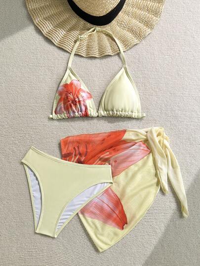 SHEIN TEENGIRL 3pcs Tropical Island Lily Flower Print Macaron Color Bikini Set Young Girls Sets Summer Bathing Suits Bathing Suits 10 12 Bathing Suits 14 Bathing Suit Set