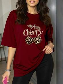 Kaos Wanita Ukuran Besar Lengan Pendek Leher Bulat Motif Ceri & Leopard - Burgundy - View 1