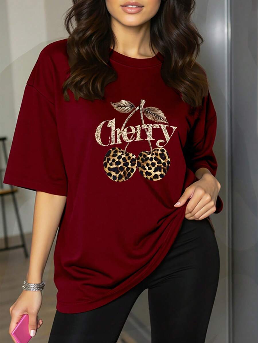 Kaos Wanita Ukuran Besar Lengan Pendek Leher Bulat Motif Ceri & Leopard - Burgundy - View 1
