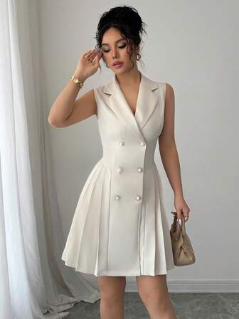 Rafferiza Women's Sleeveless Pleated Solid Color Double-Breasted Elegant Dress Women Short Dresses Summer Work Summer Dresses