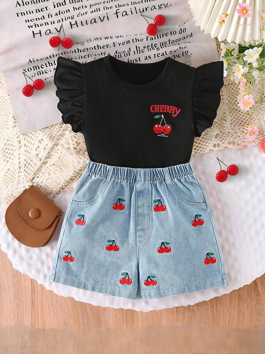 Girls Casual Daily Round Neck Short Sleeve Letter Print T-Shirt And Cherry Embroidery Elastic Waist Denim Shorts 2 Pieces Set, School, Campus, College