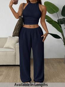 SHEIN PETITE CURVE Military Green Women's Knit Casual Tracksuit Women Summer Clothing Woman Summer Clothes Back To School Two Piece Outfits For People Of Shorter Stature - Navy Blue - View 1