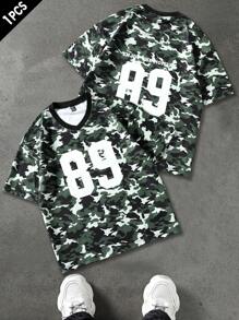 Manfinity EMRG Men's V-Neck Camouflage Print Short Sleeve T-Shirt, Suitable For Summer - Green - View 1