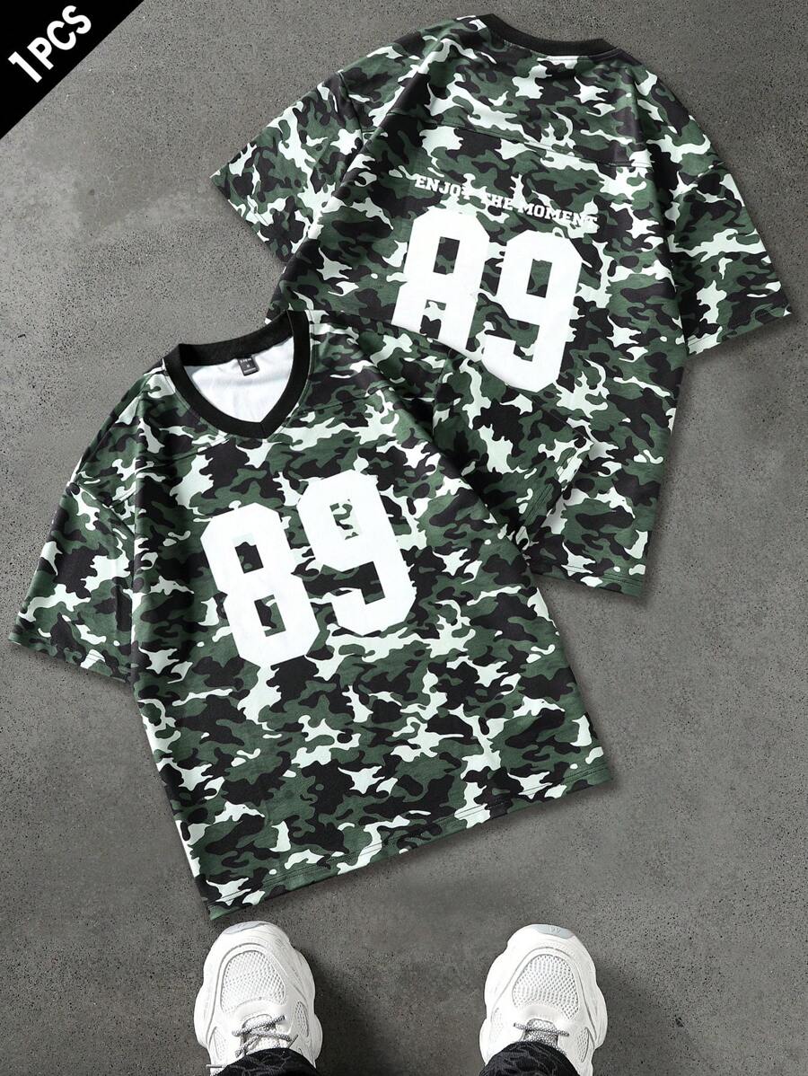 Manfinity EMRG Men's V-Neck Camouflage Print Short Sleeve T-Shirt, Suitable For Summer - Green - View 1