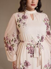 Veilorie Plus Size Elegant Floral Print Keyhole Neckline Lantern Sleeve Ruffle Hem Dress