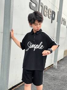 SHEIN 2pcs/Set Tween Boys' Casual Versatile School Style Funny Print Knitted Polo Shirt And Shorts Set, For Summer Stay Home, Outgoing Travel