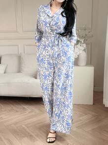 DAZY 女士印花七分袖阔腿优雅连体裤秋冬度假装 - 淺藍色 - 查看 6