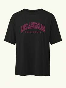 Los Angeles, California Inspired Women Loose Round Neck Casual Letter Graphic Print T-Shirt - Black - View 3