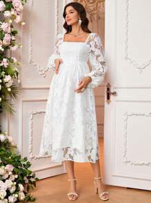 Loomaby Pregnant Women Floral Jacquard Mesh V-Neck Lantern Sleeve Elegant Maternity Dress Baby Shower Maternity  Maxi Dresses Classy Outfits Fairycore