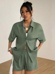 SHEIN PETITE Women Two Pieces Outfits For Daily Wear - Army Green - View 5