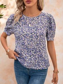 SHEIN Clasi Woven Women's Daisy Print Short Puffy Sleeve Shirt - Purple - View 5