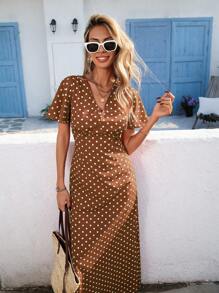 Vivid Eden 波浪纹 V 领短袖修身女装春夏装、夏装、情人节、女士度假装、女士沙滩装、节日、浪漫优雅服装、波西米亚风、波西米亚风、甜美、风骚、狂欢节装扮、热带度假女装、狂欢节、度假风格 - 卡其色 - 查看 7