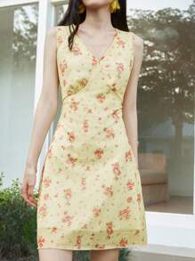 SHEIN LUNE Women's Vintage Ditsy Floral Daisy Print V-Neck Dress, Creamy Yellow, Summer - Multicolor - View 3