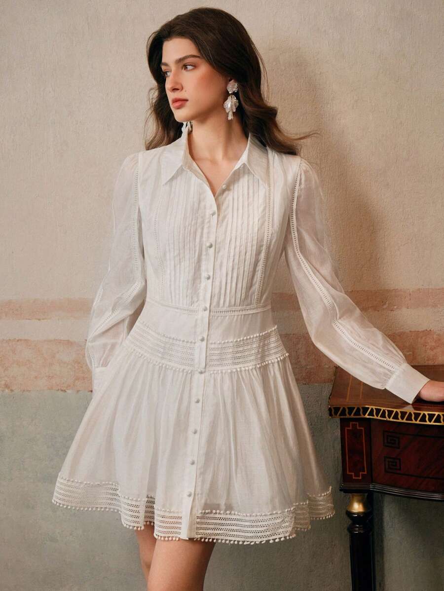 Anewsta Women's Puff Sleeve Waist Ruffle Trimmed Short Shirt Dress