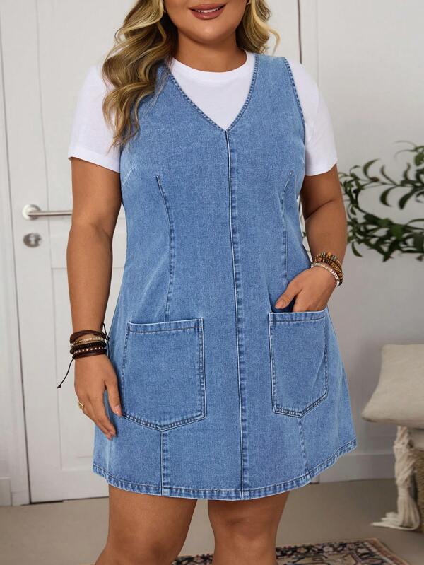 EMERY ROSE Plus Size Casual Washed Denim Pinafore Dress With Double Pockets, Sleeveless