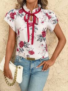 SHEIN Clasi 女式碎花荷叶边系带前衬衫，惊艳优雅独特碎花夏季女装碎花碎花衬衫，波西米亚风