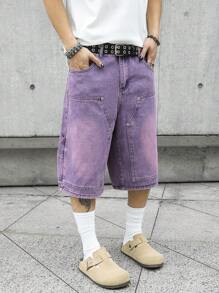 Manfinity EMRG 男士宽松口袋休闲阔腿牛仔短裤 - 紫色 - 查看 5
