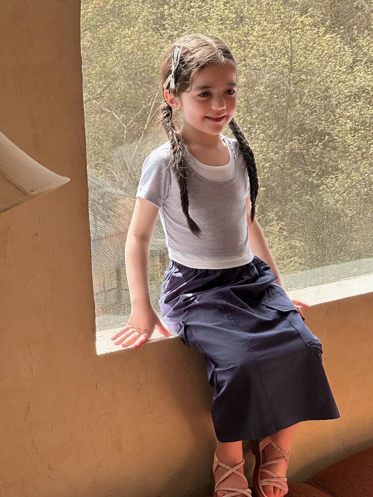 2pcs Casual Set For Young Girls: Short Sleeve T-Shirt & Cargo Skirt