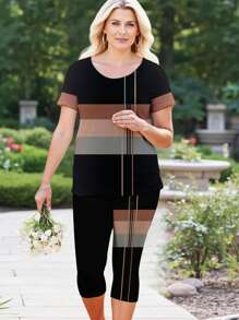 EMERY ROSE 2pcs/Set Plus Size Women Summer Casual Striped Round Neck Short Sleeve Top And Leggings - Multicolor - View 4