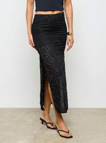 AiiRZ Broderie Anglaise Side Slit Long Midi Skirt - Black - View 1
