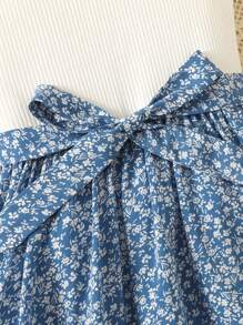 SHEIN 青少年女孩休闲日常度假蓝色碎花荷叶边下摆蝴蝶腰带连衣裙 - 淺藍色 - 查看 3