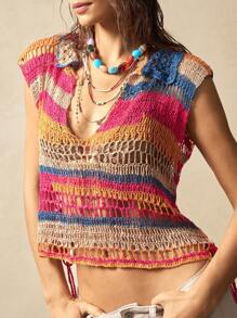 Bohemela 女士条纹镂空设计无袖针织上衣 - 彩色 - 查看 7