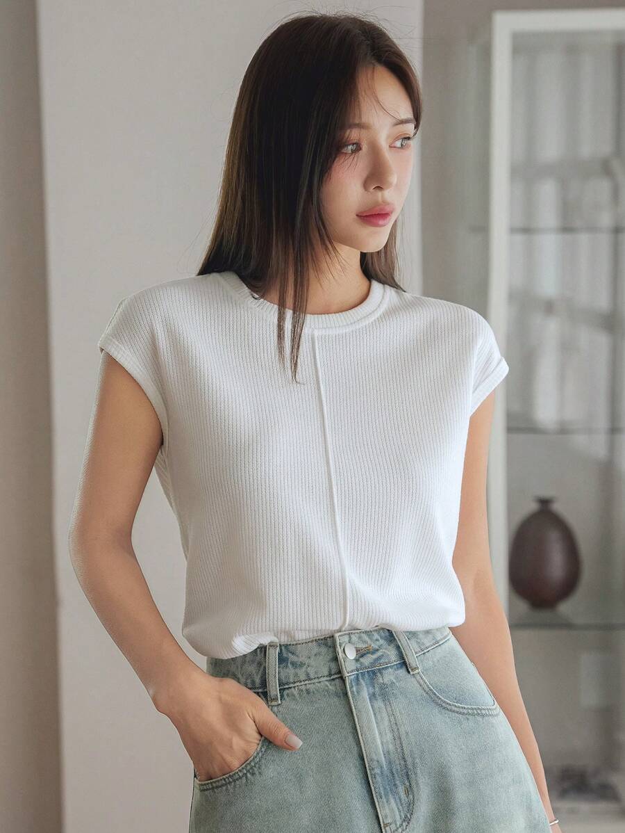 Dazy-Less Damen Sommer Lässig einfaches weißes einfarbiges T-Shirt mit kurzen Ärmeln, Business Lässig Damen - Weiss - Übersicht 1