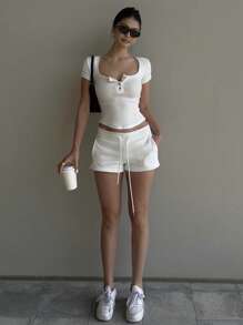 DAZY Solid Color Round Neck Half-Open Front Elastic Wrapped Short Sleeve White T-Shirt For Women, Summer,Crop Tops Women - White - View 5