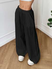 SHEIN EZwear 女式轻盈黑色梭织阔腿休闲裤，夏季 - 黑色 - 查看 5
