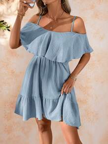 Amorya Vestido de verano elegante y romántico de mujer con tirantes de espagueti, volantes y bajo con volantes en color verde sólido texturizado de gasa