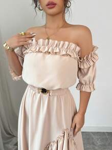 Rafferiza Fashion New Solid Color Off Shoulder Ruffle Hem Elastic Waist Dress For Women