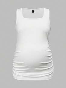 SHEIN Maternity Casual Scoop Neck Ruched Knitted Fabric Tank Tops, Regular Length Semi-Sheer Essential Comfort For Everyday Wear - Grey - View 4