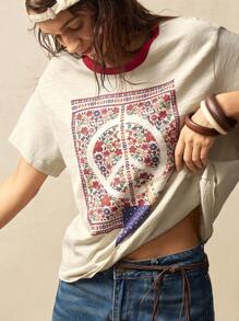 Bohemela BOHO Relaxed Fit Women's T-Shirt With Paisley Print And Solid Color, Vintage American Resort Style - Apricot - View 4