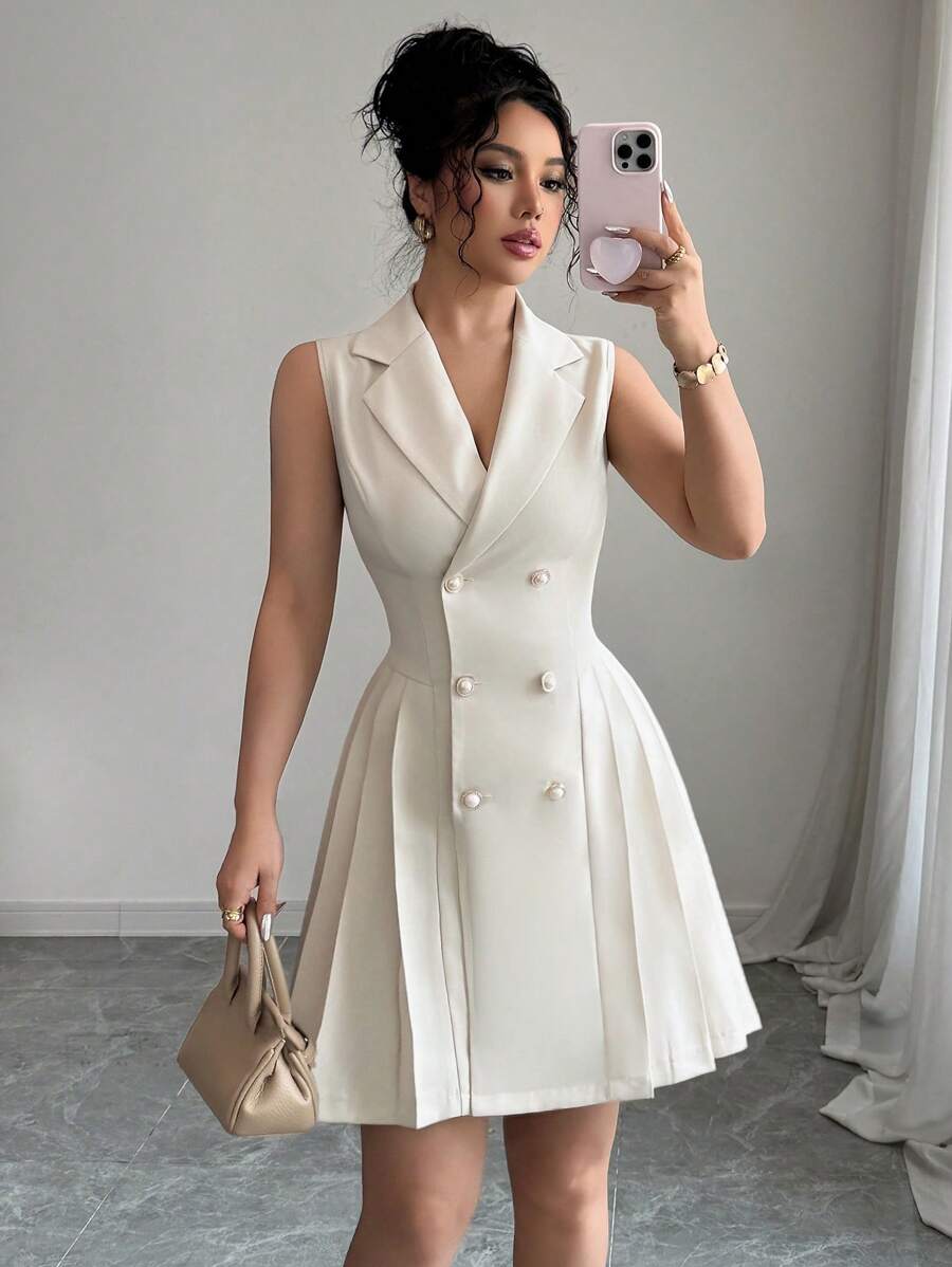 Rafferiza Women's Sleeveless Pleated Solid Color Double-Breasted Elegant Dress Women Short Dresses Summer Work Summer Dresses - Apricot - View 1