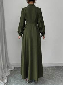 Elenzga 优雅通勤纯色灯笼袖连衣裙，秋季长款女装 - 軍綠色 - 查看 2