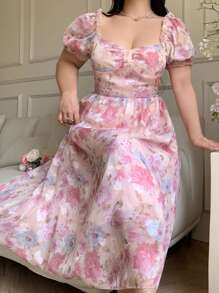 Modelyn 大码花卉印花甜心领优雅短袖连衣裙，夏季 - 彩色 - 查看 1