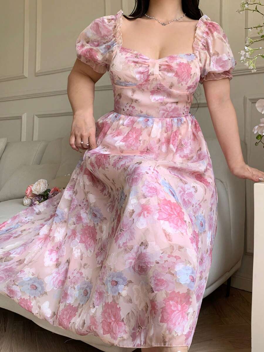 Modelyn 大码花卉印花甜心领优雅短袖连衣裙，夏季 - 彩色 - 查看 1