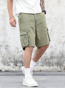 Manfinity Homme Men's Solid Color Pocketed Casual Fashion Relaxed Fit Denim Cargo Shorts