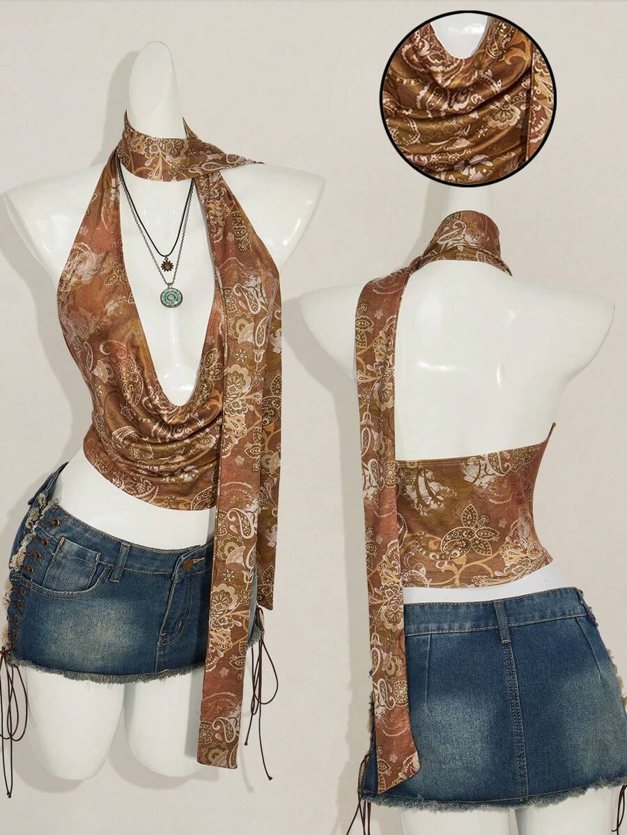 SHEIN ICON Y2k V 领西部女式波西米亚海滩女式嬉皮夏季外出复古佩斯利印花女式全身花卉印花垂坠性感吊带背心，夏季度假休闲装 - 彩色 - 查看 1