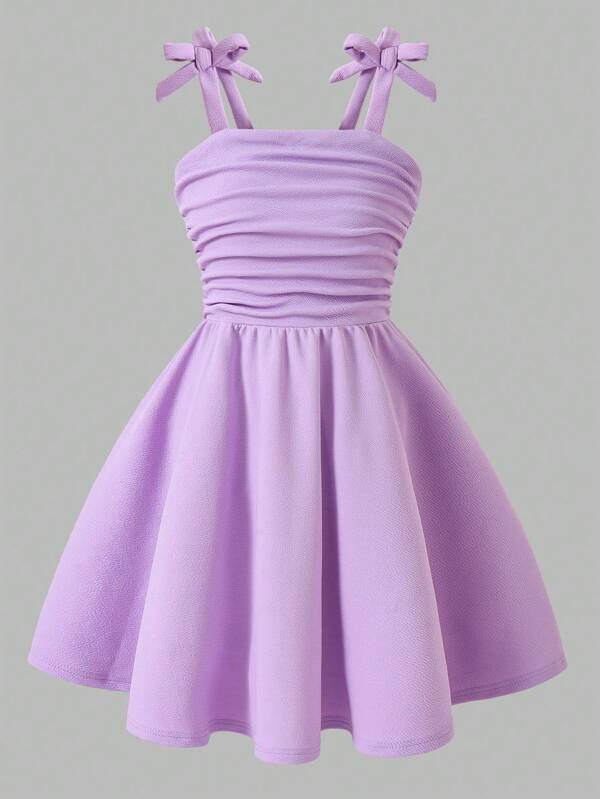 Wildeya Tween Girl Bow Strap Ruched Fashionable Elegant Dress